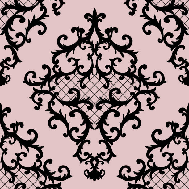 シームレスなバロック様式のダマスク装飾パターン。ダークグレーの背景に手描きの黒いテクスチャ - baroque style wallpaper pink retro revival点のイラスト素材／クリップアート素材／マンガ素材／アイコン素材