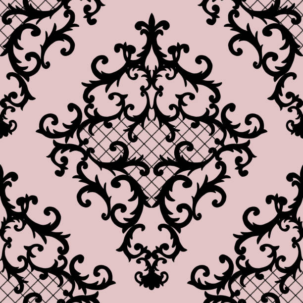 ilustrações, clipart, desenhos animados e ícones de estilo barroco sem emenda padrão ornamental de damasco. textura preta desenhada à mão no fundo cinza escuro - baroque style wallpaper pink retro revival