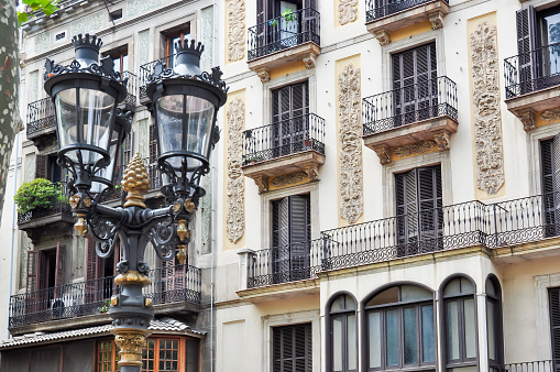 Barcelona architecture on La Rambla street, Spain