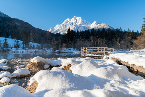 horizontal landscape image of a touristic place in Slovenia in the Julian Alps near Kranjska Gora. Volcanic lake in Zelenci Nature Reserve