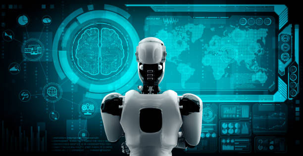 istock Thinking AI humanoid robot analyzing hologram screen showing concept of AI 1304586160