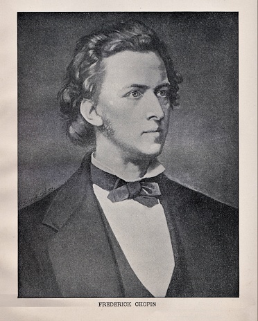 Portrait of Composer and pianist Frederic Chopin was born February 8, 1810, in Warsaw and died October 17, 1849, in France. Illustration published in Beautiful Melodies compiled by Joseph Winner (J.H.Moore & Company, Philadelphia and Chicago) in 1895.