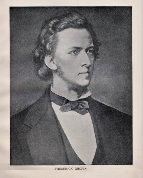 Frederic Chopin Composer and Pianist from Poland Portrait of Composer and pianist Frederic Chopin was born February 8, 1810, in Warsaw and died October 17, 1849, in France. Illustration published in Beautiful Melodies compiled by Joseph Winner (J.H.Moore & Company, Philadelphia and Chicago) in 1895. Christine Kohler stock illustrations
