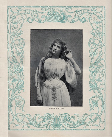 A portrait of opera prima donna soprano Helen Porter Mitchell, whose stage name was Nellie Melba, was born May 16, 1861, in Melbourne, Australia, and died February 23, 1931. Illustration published in Beautiful Melodies compiled by Joseph Winner (J.H.Moore & Company, Philadelphia and Chicago) in 1895.