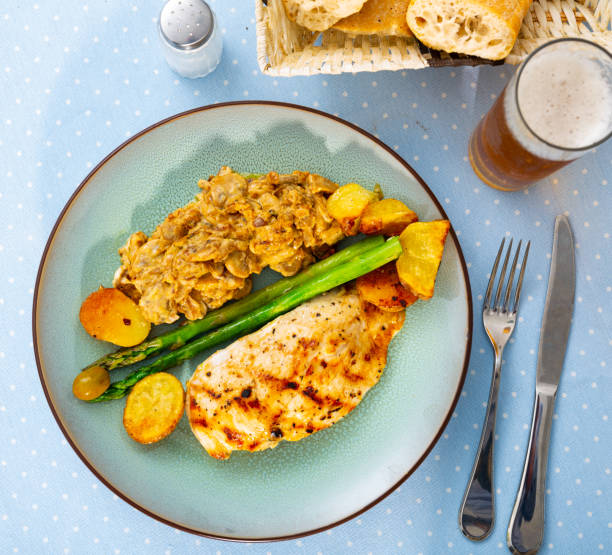 Baked chicken breast served with potatoes and mushrooms