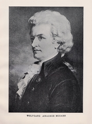 A portrait of composer and musician Wolfgang Amadeus Mozart was born January 27, 1756, in Salzburg, Austria, and died December 15, 1792 in Vienna, Austria.  Illustration published in Beautiful Melodies compiled by Joseph Winner (J.H.Moore & Company, Philadelphia and Chicago) in 1895.