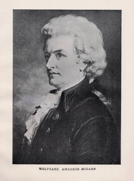 Wolfgang Amadeus Mozart Composer from Austria A portrait of composer and musician Wolfgang Amadeus Mozart was born January 27, 1756, in Salzburg, Austria, and died December 15, 1792 in Vienna, Austria. Illustration published in Beautiful Melodies compiled by Joseph Winner (J.H.Moore & Company, Philadelphia and Chicago) in 1895. christine kohler stock illustrations