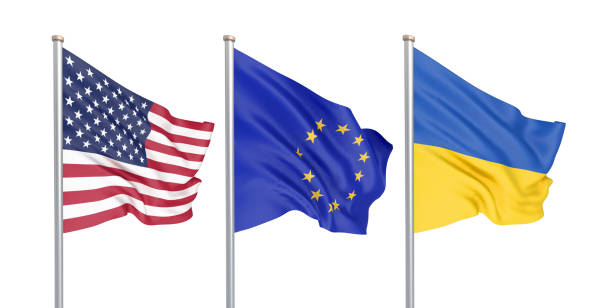 istock Three colored silky flags in the wind: USA (United States of America), EU (European Union) and Ukraine isolated on white. 3D illustration. 1304587546
