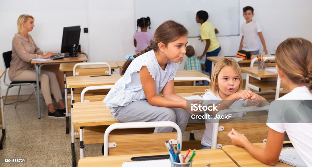 Interaction During Lesson Kids Pupils Talking During Recess Between Lessons Stock Photo ...