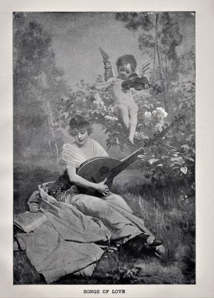 ilustrações de stock, clip art, desenhos animados e ícones de cherub (cupid) and woman play stringed musical instruments - fine art portrait music sheet music violin