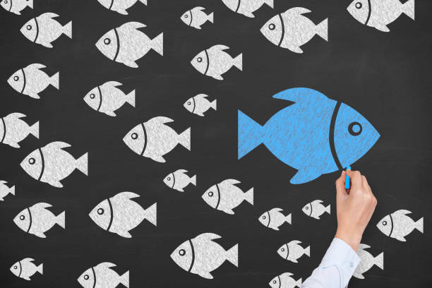 istock Going Your Own Way with Fishes Symbol on Blackboard Background 1304590447