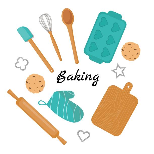 Collection of baking accessories. Vector illustration with baking cooking concept. Baking dishes on a white background kitchen utensil illustrations stock illustrations