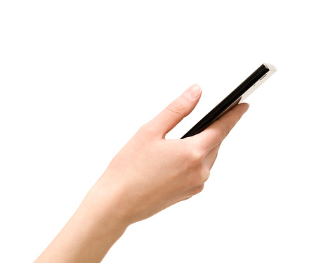 female hand holding smartphone on isolated white background
