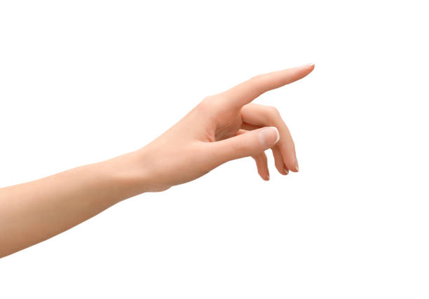 hand on isolated white background a woman's hand points to something with her index finger. cut out index finger stock pictures, royalty-free photos & images