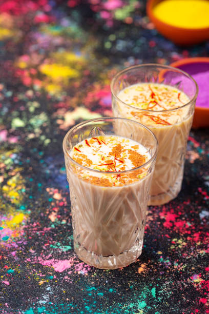 Traditional Indian drink thandai with saffron stock photo