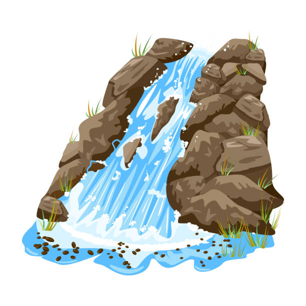 ilustrações de stock, clip art, desenhos animados e ícones de waterfall isolated on white background. water cascade on steep rocky. waterfall with stones. - waterfall cartoon tropical rainforest vector