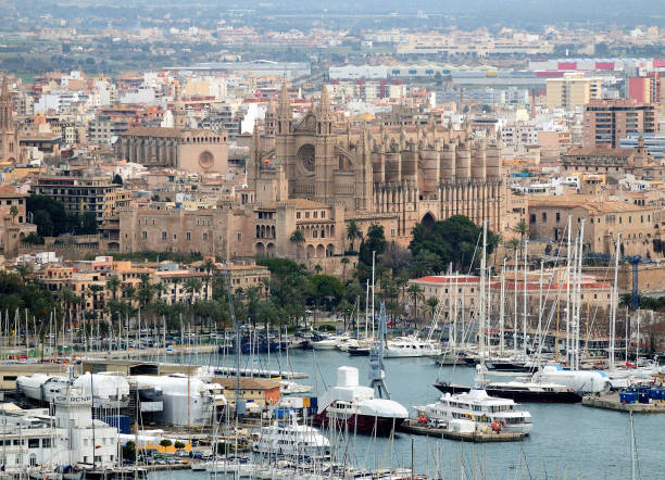 vue du château bellver au port et à la célèbre cathédrale la seu à palma de majorque - majorca yacht palma marina photos et images de collection