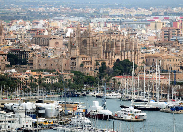 vista do castelo bellver até o porto e a famosa catedral la seu em palma de mallorca - majorca yacht marina palma - fotografias e filmes do acervo