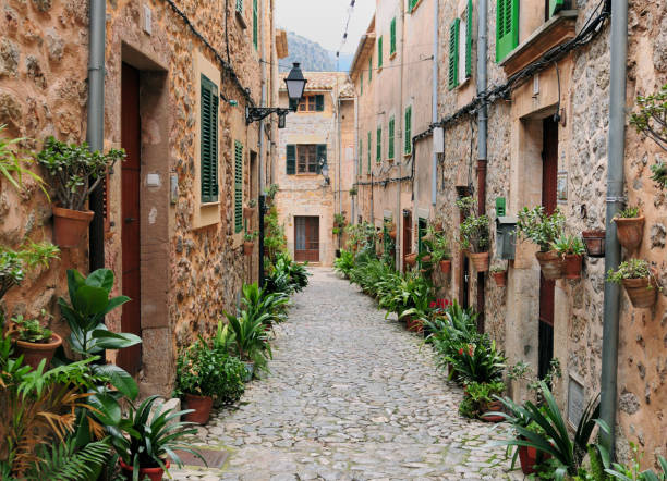 ruelle étroite pittoresque avec des cottages confortables et des usines vertes de pot à valldemossa sur l’île baléare majorque - valldemossa photos et images de collection