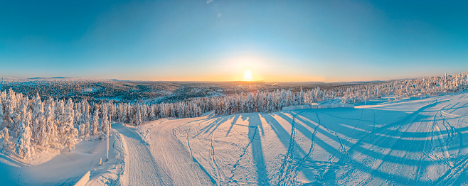 Idyllic winter scene with snowcapped trees at sunrise.