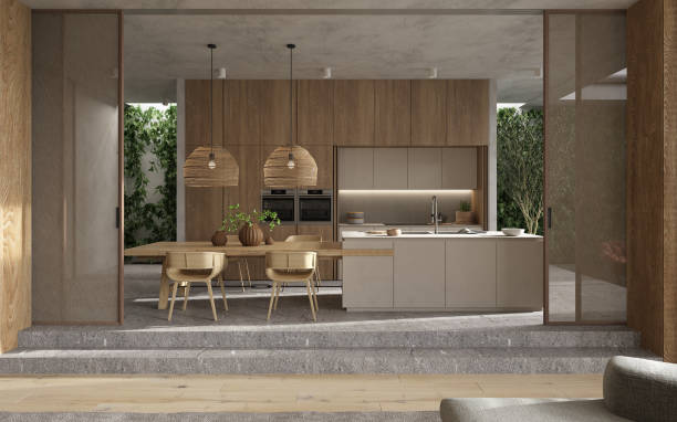 istock Minimalism modern interior  scandinavian design. Bright studio living, kitchen and dining room. Table with dishes, kitchen island and green plants. 3d render. 3d illustration. 1304602843