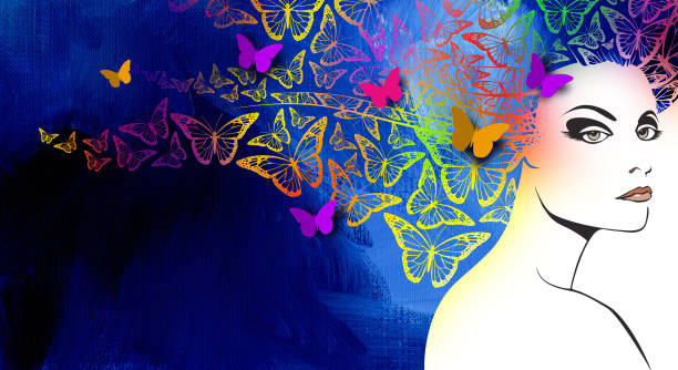 istock Beautiful woman with rainbow butterflies as hair 1304603803