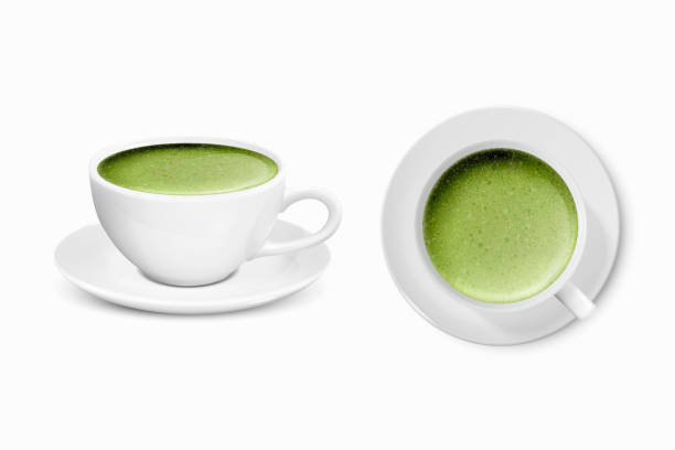 istock Vector 3d Realistic Ceramic White Coffee Porcelain Ceramic Mug, Cup and Saucer Isolated on White Background. Green Milk Foam Matcha. Design Template. Front and Top View 1304604029