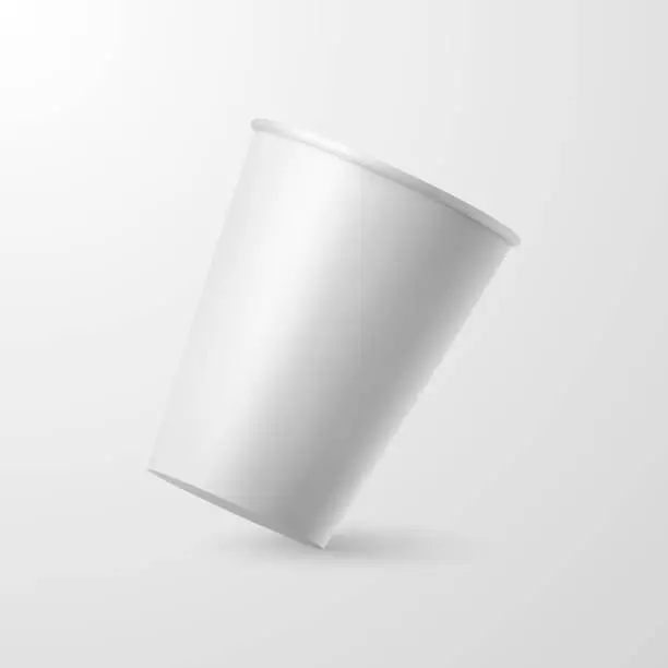 Vector illustration of Vector 3d Realistic Paper White Disposable Falling Coffee or Tea Cup Closeup Isolated on White Background. Stock Vector Illustration. Design Template for Mockup. Front View