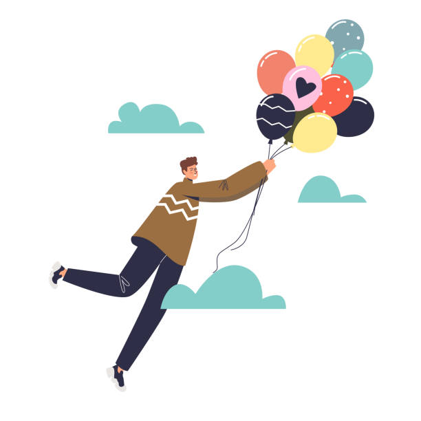 Man With Colorful Balloons Flying In Sky Over Clouds Young Cartoon Male  With Bunch Of Balloons Stock Illustration - Download Image Now - iStock