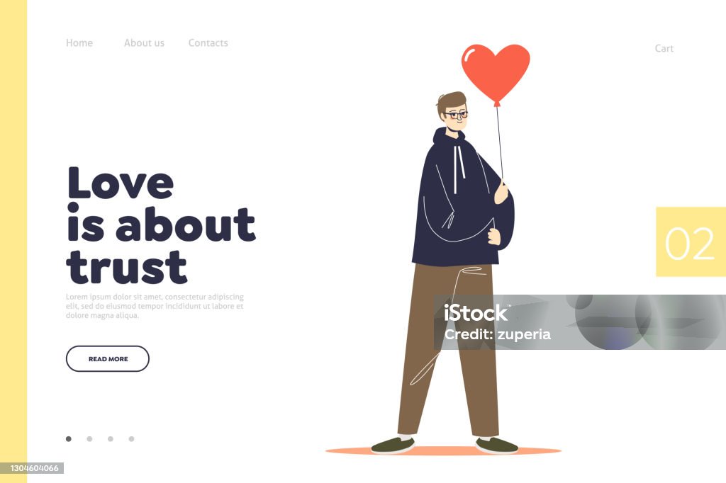 ความรักและความไว้วางใจแนวคิดของหน้า Landing Page  กับผู้ชายถือบอลลูนของรูปหัวใจสําหรับวันวาเลนไ ภาพประกอบสต็อก -  ดาวน์โหลดรูปภาพตอนนี้ - Istock