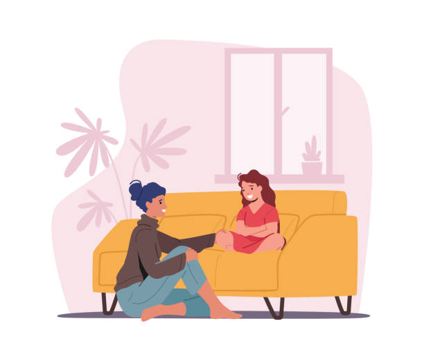 Mother and Daughter Sitting on Sofa in Living Room Telling Secrets. Mom and Girl Talking, Parent Character Support Child Mother and Daughter Sitting on Sofa in Living Room Telling Secrets. Mom and Girl Talking, Parent Character Support Child. Confidential Loving Relations, Parenting. Cartoon People Vector Illustration daughter stock illustrations