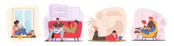 Vector illustration of Set People Reading at Home, Education Sparetime. Loving Couple Lying on Sofa with Book, Weekend Sparetime Read and Relax