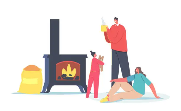 Vector illustration of Family Characters Parents and Baby Heating Home with Biological Coal, Wood Pellets for Stove. Ecology, People Use Bio Coal