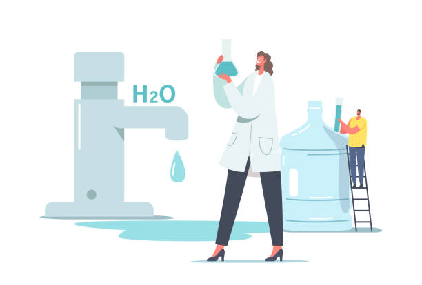 Chemicals in Water Concept. Tiny Scientist Female Character in White Lab Coat Hold Beaker Research Water in Laboratory Chemicals in Water Concept. Tiny Scientist Female Character in White Lab Coat Hold Beaker Research Water in Laboratory. Tiny Man at Huge Plastic Bottle and Testing Sample. Cartoon Vector Illustration biologist stock illustrations