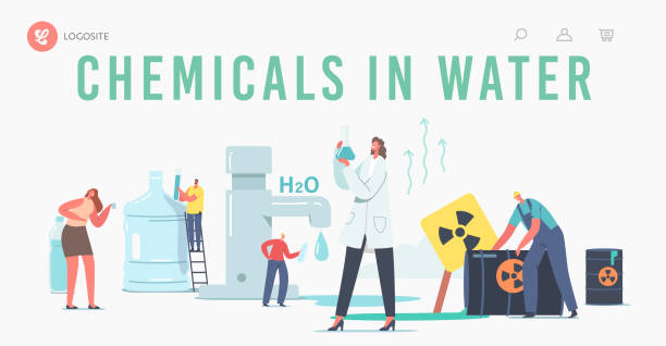 chemikalien in wasser landing page vorlage. winzige wissenschaftler weibliche charakter i halten becher forschung wasserprobe im labor - medical research healthy lifestyle paper healthcare and medicine stock-grafiken, -clipart, -cartoons und -symbole