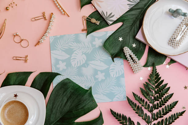 istock Office table desk. Tropical Flat lay. Home office workspace. 1304606742