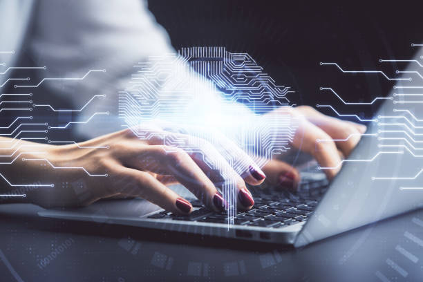 istock Multi exposure of woman hands working on computer and human brain hologram drawing. Ai tech concept. 1304606770