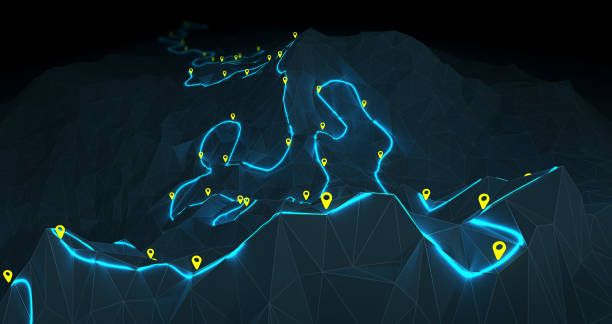 웨이포인트가 있는 산을 가로지르는 구불구불한 하이킹 트레일 개요 - 3d 일러스트레이션 - topographic map compass map chart 뉴스 사진 이미지
