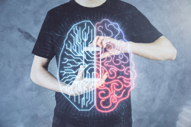istock Double exposure of man's hand holding and using a digital device and brain hologram drawing. Data concept. 1304606871