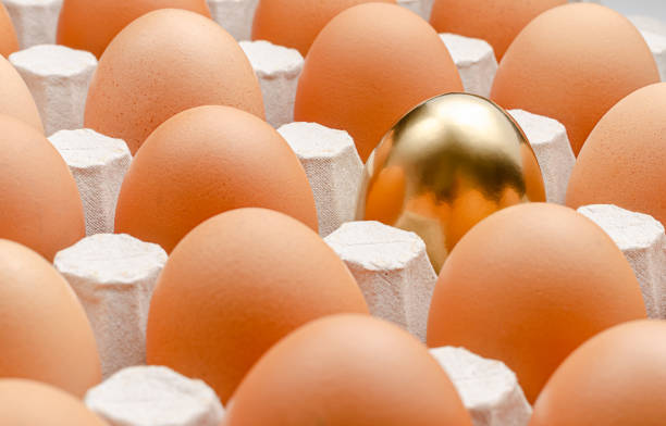 istock Golden egg in a row. Out of the box thinking concept. 1304607657