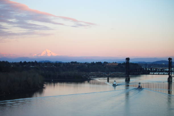 istock Mt Hood and Willamette river at dusk 1304612005