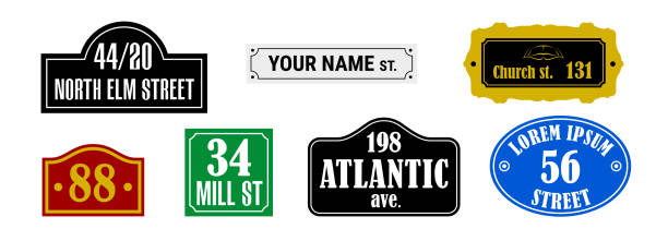 ilustrações de stock, clip art, desenhos animados e ícones de street house number name plate set. flat vector illustration - avenue sign