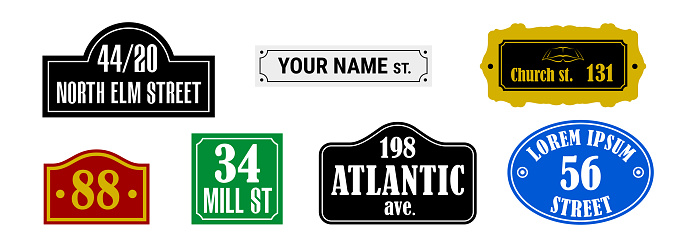 Street house number name plate set. Flat vector illustration isolated on white.