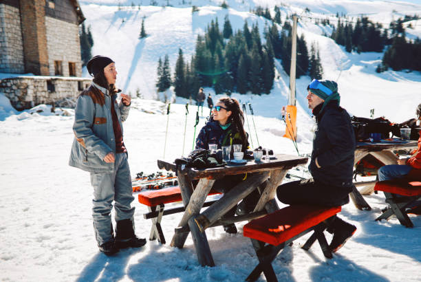 famiglia e amici in vacanza sugli sci in montagna - skiing ski family friendship foto e immagini stock