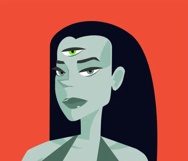 Vector illustration of Zombie Girl Third Eye - Evil Eyed Alien Girl Portrait