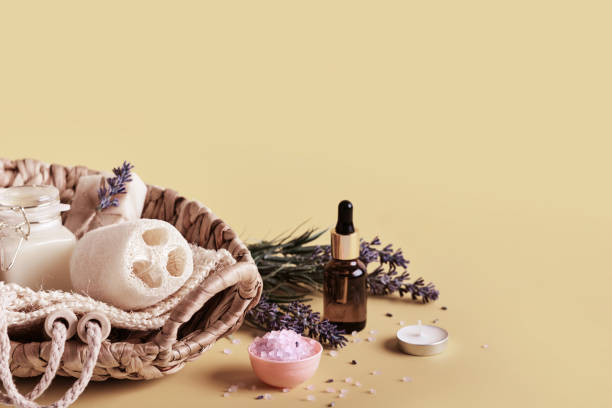 istock Home cosmetics products with lavender. Spa setting in neutral colors, copy space 1304619382