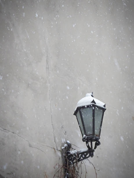 Snow-covered lantern on gray concrete wall background, copy space, selective focus