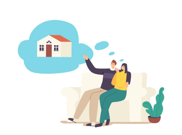 People Dream of Real Estate. Young Married Couple Characters on Sofa Dreaming of Family House. Cherished Desire People Dream of Real Estate. Young Married Couple Characters on Sofa Dreaming of Family House. Cherished Desire of Cottage, Imagination, Future Visualization Concept. Cartoon Vector Illustration wife stock illustrations