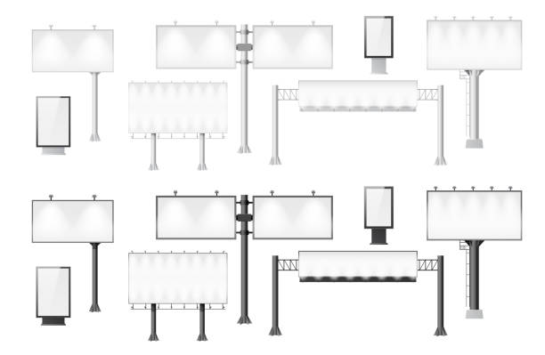 ilustrações, clipart, desenhos animados e ícones de outdoors de rua, cartazes e placas de sinalização. maquetes de banners de publicidade 3d vazios - package vector business billboard