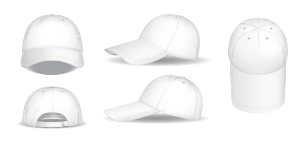 zestaw białych czapek baseballowych. realistyczne makiety czapek, widok z przodu, z boku i z tyłu - baseball cap hat merchandise nature stock illustrations
